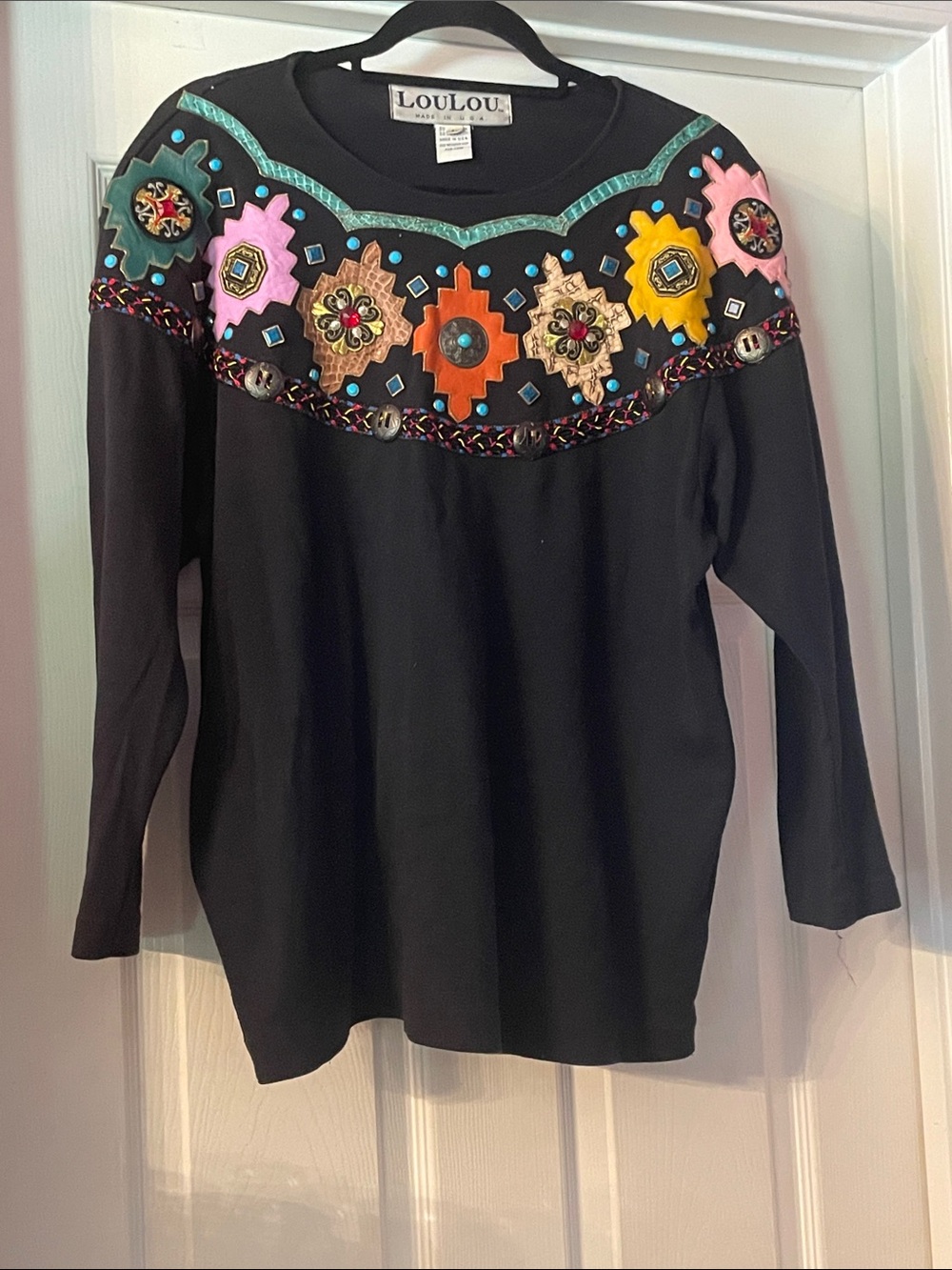 Black Embellished Long-Sleeve Top with Multicolor Accents